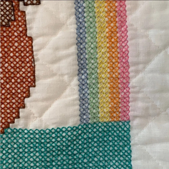 Vintage Handmade Cross Stitched Baby Blanket Rainbow Bear Rabbit Star Heart Moon - Picture 6 of 10